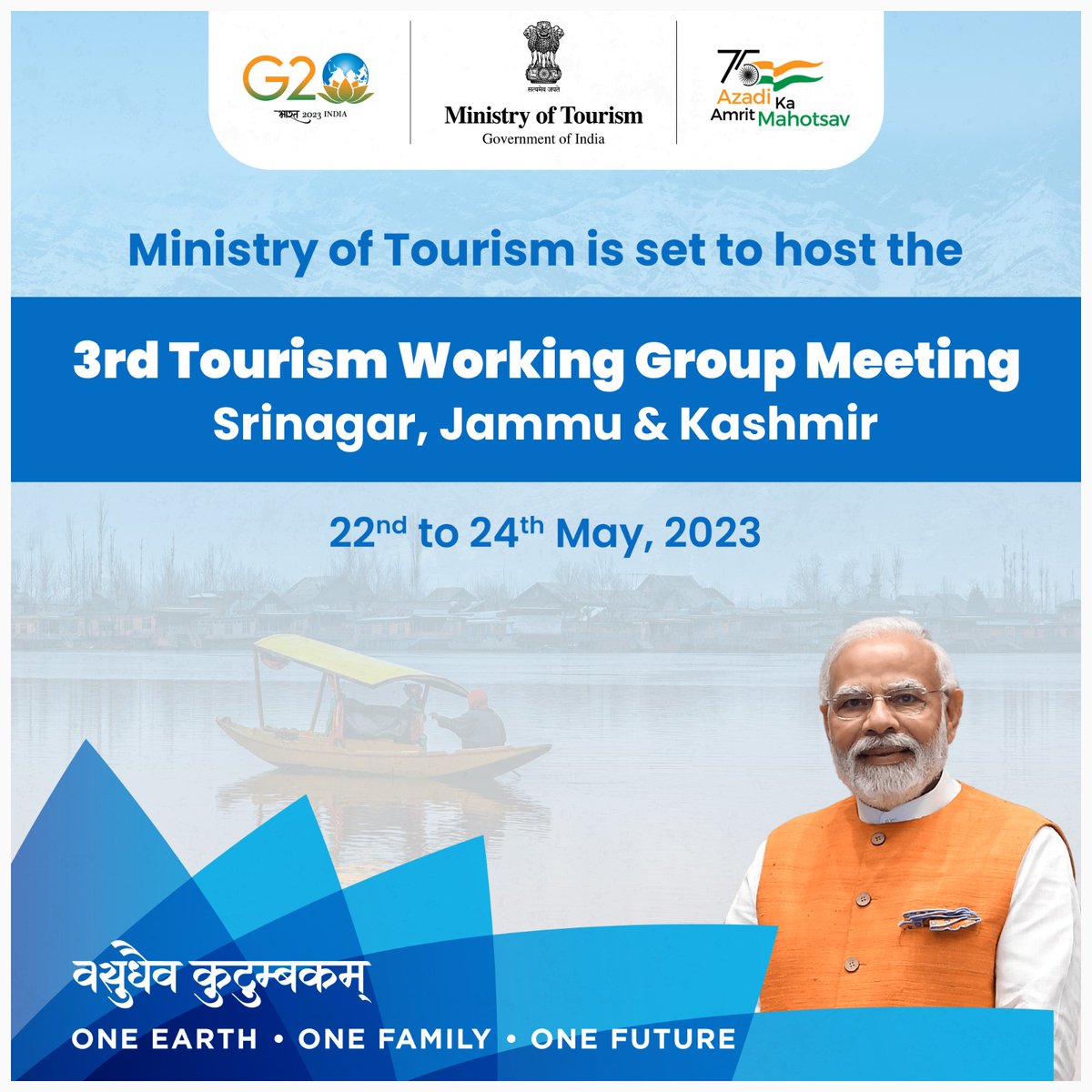 The 𝟯𝗿𝗱 𝗚𝟮𝟬 𝗧𝗼𝘂𝗿𝗶𝘀𝗺 𝗪𝗼𝗿𝗸𝗶𝗻𝗴 𝗚𝗿𝗼𝘂𝗽 𝗺𝗲𝗲𝘁𝗶𝗻𝗴 is set to take place in the captivating city of Srinagar from 2⃣2⃣nd to 2⃣4⃣th May 2023.
#G20  #G20India  #G20_IN_Kashmir #G20Summit