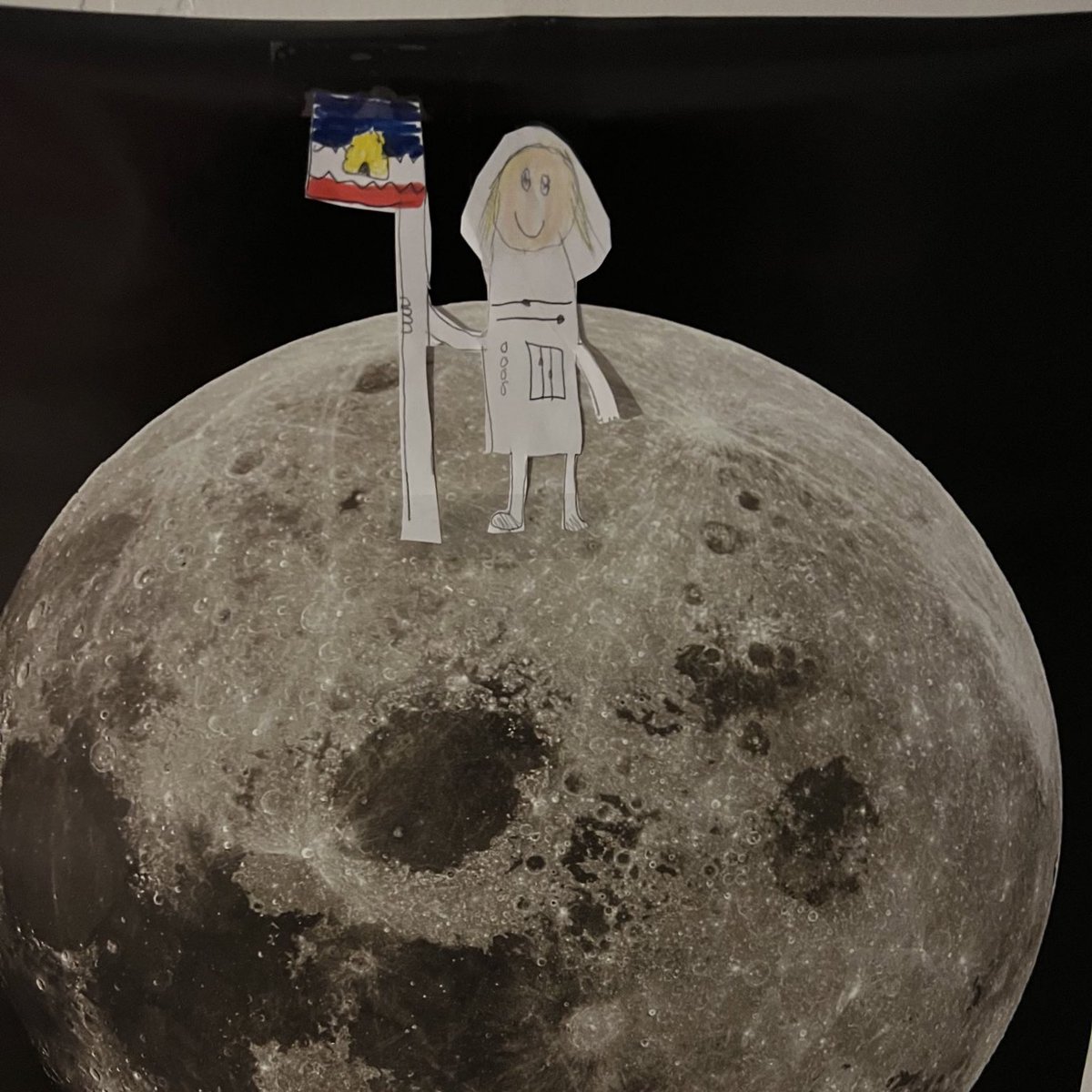 DeidreHenderson's tweet photo. A third grader from Highland Elementary taped this self-portrait to a picture of the moon hanging on her wall. She wants to be the first Utah woman to land on the moon. And look what she envisions taking with her into outer space…

#rocketwoman #shootforthemoon https://t.co/y2sbEZTImr