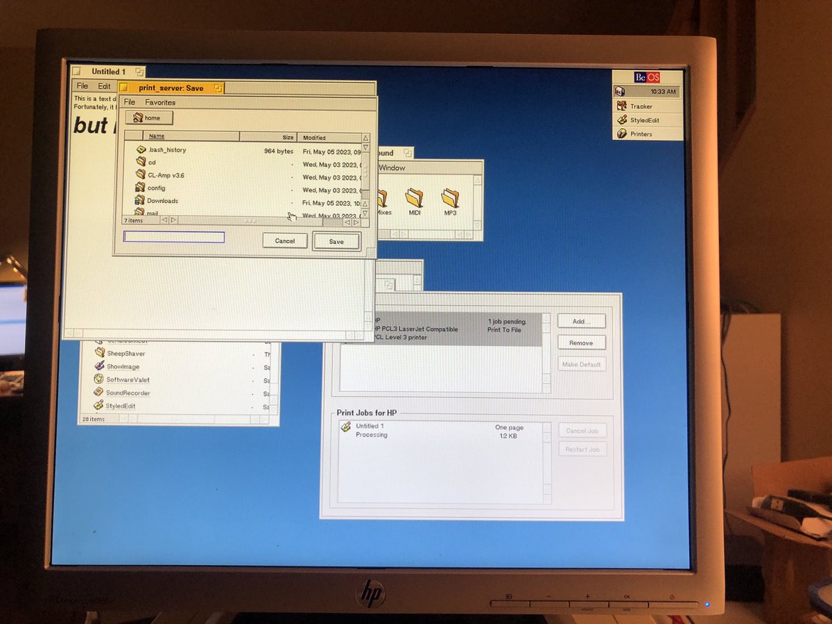 racerrupnik's tweet image. #beos printing to an HP laser jet is a two step process. First: save the output to a file and then manually send to printer via FTP