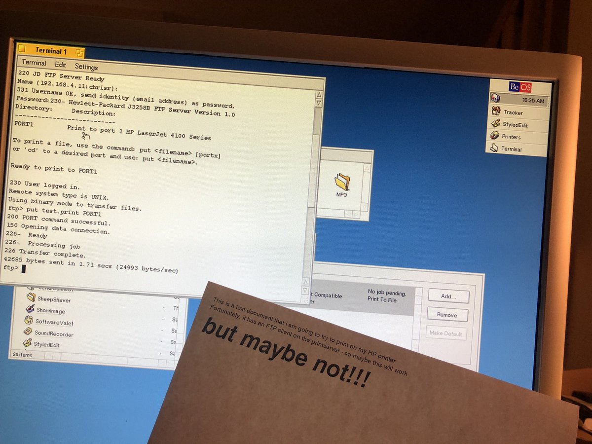 racerrupnik's tweet image. #beos printing to an HP laser jet is a two step process. First: save the output to a file and then manually send to printer via FTP