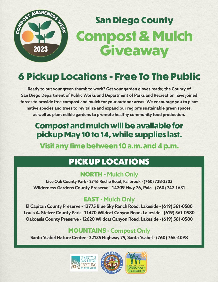 sandiegoparks's tweet image. Happy #InternationalCompostAwarenessWeek! We’ve partnered with @sdcountydpw to host #free compost and mulch giveaways at 6 County parks, from May 10 to 14! Details in the flyer.