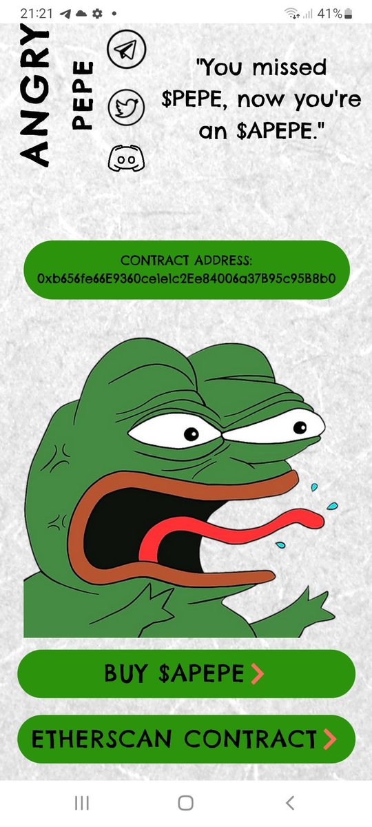 <a href="/AngryPepeETH/">ANGRY PEPE</a> #apepe super dip fire sale . I just bought some 

#TRX #pepecrash #pepe #PepeCola #eth #btc #shib #shibarium
