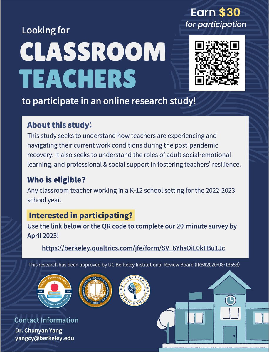 <a href="/Berkeley_Educ/">Berkeley School of Education</a> colleague <a href="/chunyan_y/">Chunyan Yang</a> conducting study that seeks to understand how teachers are experiencing &amp; navigating current wrk conditions during post-pandemic recovery. <a href="/BlackTeacherPro/">Black Teacher</a> <a href="/teachplus/">Teach Plus</a> <a href="/NBPTS/">National Board</a> <a href="/NCTResidencies/">NCTR</a> <a href="/CenterBlackEd/">Center for Black Educator Development</a> <a href="/shankerinst/">Albert Shanker Institute</a> 

berkeley.qualtrics.com/jfe/form/SV_6Y…