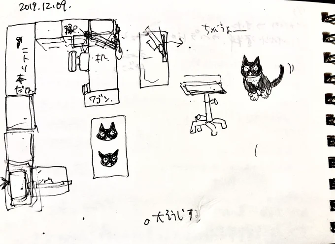 部屋の模様替えをしようとして描いたメモが。この翌年の夏にジャッキーは去ってしまった。 盲目のハンデを頭脳と知恵で乗り越える、度胸とユーモアがあるすごい猫でした。