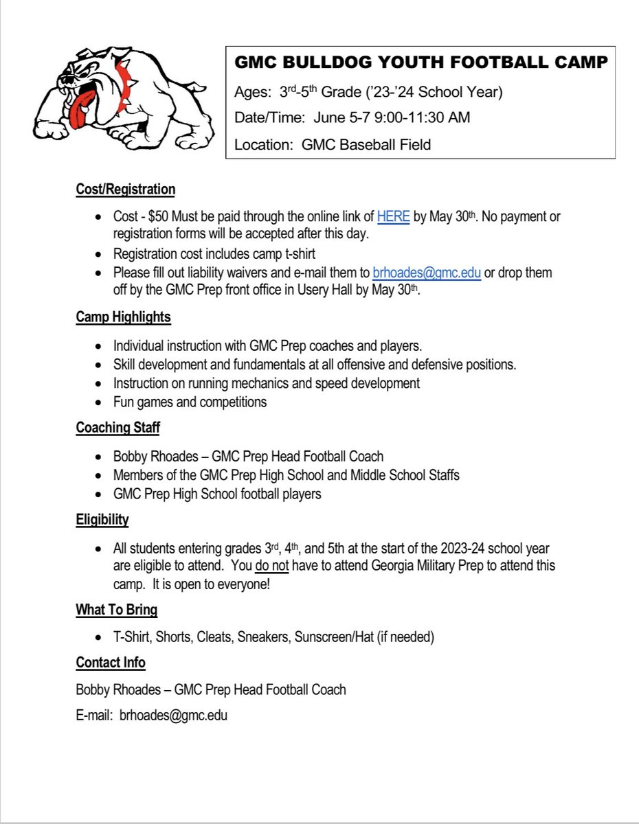 Announcing our GMC Youth Football Camp for 2023! Will be held June 5-7 on the GMC Baseball Field. Details in the attached flier. Open to any rising 3rd-5th Grade students. Please contact me with any questions, and I hope to see you there!