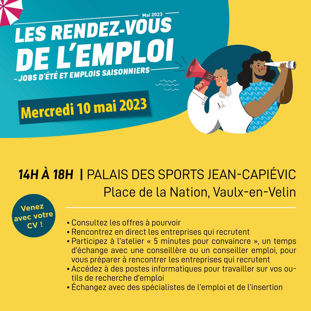 🧐Envie de participer au prochain rendez-vous de l’emploi spécial jobs d'été et emplois saisonniers ? 
⚠️ Inscriptions obligatoires au 06 01 43 15 31 pour participer à la préparation.
🖥️ + d'infos : vaulx-en-velin.net/bie.../emploi/…