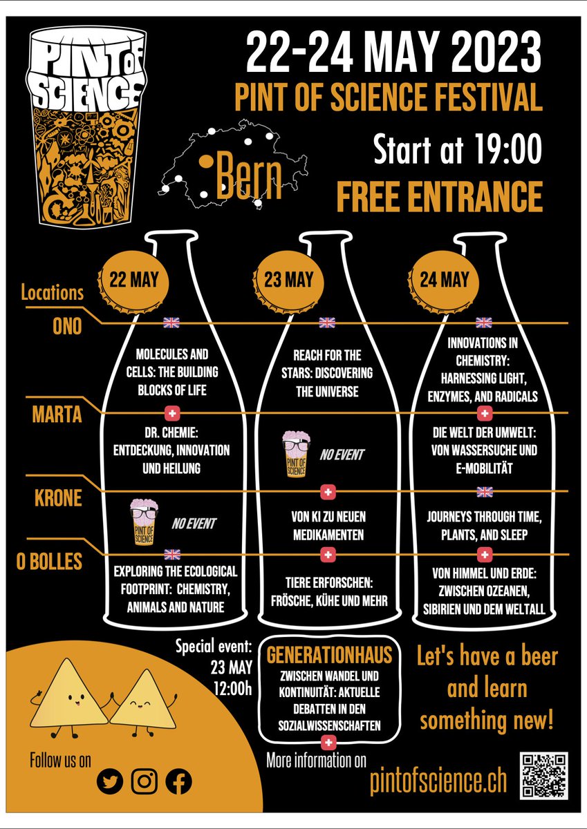 Check Bern's awesome program! Only great talks, and in bonus: a special event! 
Have a look to the full description on the website: pintofscience.ch/events/bern

#pint23 #science #event #festival @unibern