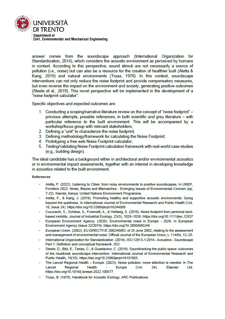 Simone Torresin (@torresinsimone) on Twitter photo A 3-year PhD position at <a href="/UniTrento/">Università di Trento</a> on the development of a #Noise #Footprint framework will be published in June 2023, with selection by Aug 2023 and start in Nov 2023. A research period at <a href="/UCL_IEDE/">UCL Inst. for Environmental Design and Engineering</a> with <a href="/f_aletta/">Francesco Aletta</a> is planned within the doctoral period. Reach out to us for info A 3-year PhD position at <a href="/UniTrento/">Università di Trento</a> on the development of a #Noise #Footprint framework will be published in June 2023, with selection by Aug 2023 and start in Nov 2023. A research period at <a href="/UCL_IEDE/">UCL Inst. for Environmental Design and Engineering</a> with <a href="/f_aletta/">Francesco Aletta</a> is planned within the doctoral period. Reach out to us for info