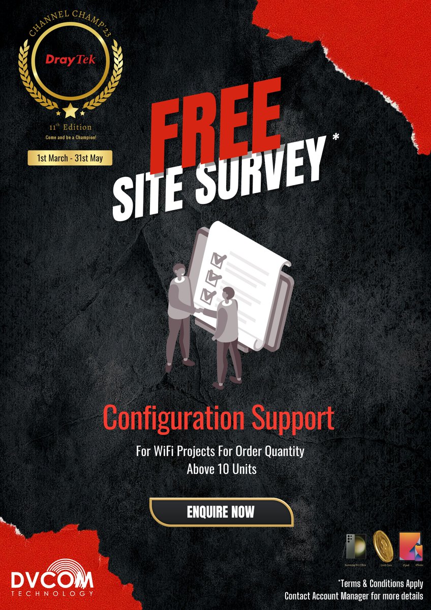 DvcomTechnology's tweet image. Get Your Wifi Project Rolling with Free Site Survey and Configuration Support for Orders of 10+ Units!

Registration link: lnkd.in/dj3mn8dK

@DrayTek_HQ 

#DrayTekChannelChamp2023UAE
#NetworkingCompetition
#JoinTheRace
#NetworkingSkills
#IndustryChampion
#networking
#uae
