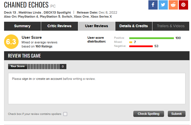 Chained Echoes Was Recently Reviewed Bombed On Metacritic With No Given  Reason