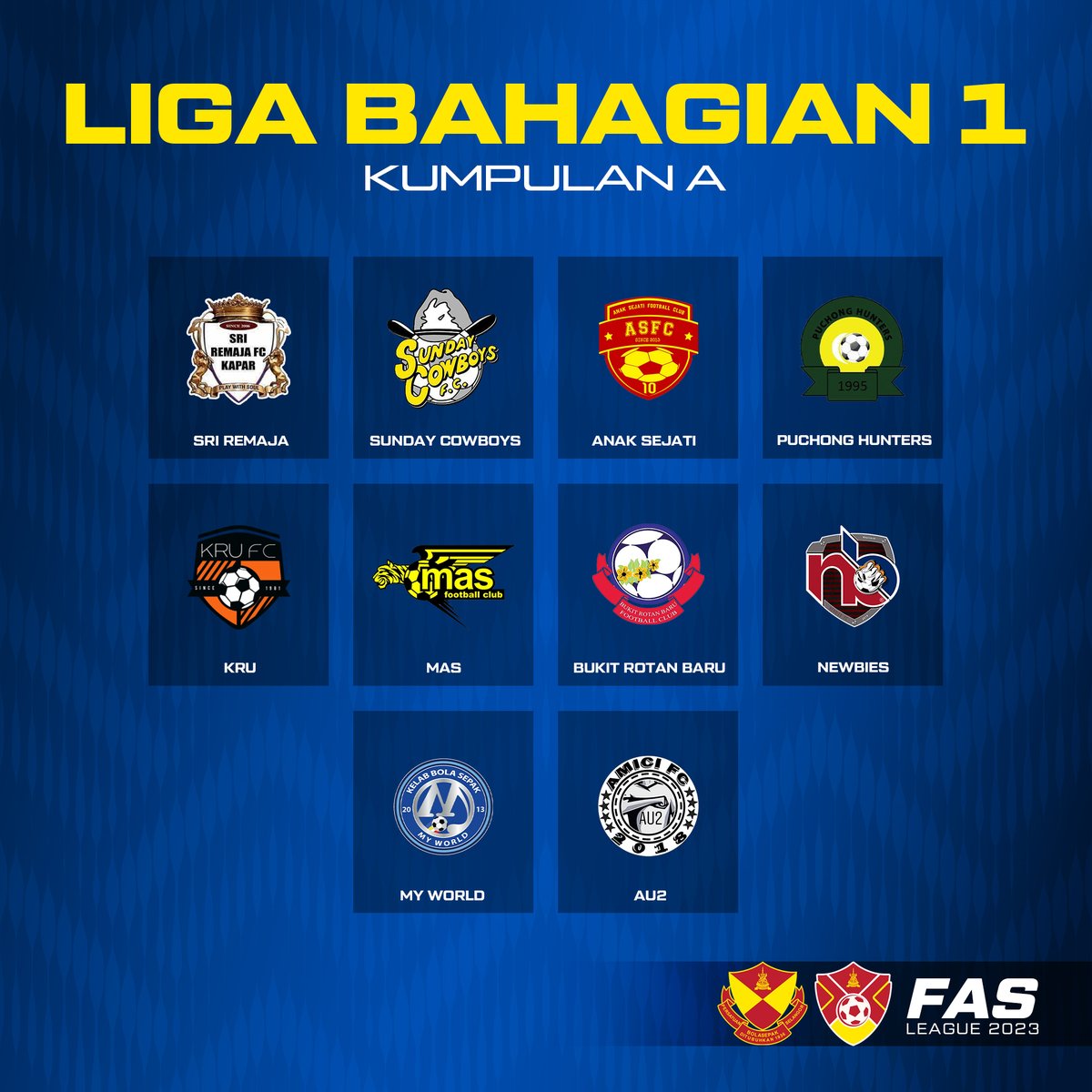 FASelangorMY's tweet photo. Pasukan-pasukan Liga FAS Bahagian I dan II

Berikut merupakan pasukan-pasukan yang akan bertanding dalam saingan Liga FAS Bahagian 1 dan 2 yang bermula 13 May 2023. Semoga berjaya kepada semua pasukan!

#FASelangorMy
#CraftingChampions
#LigaFAS2023 https://t.co/CFgS70auKO