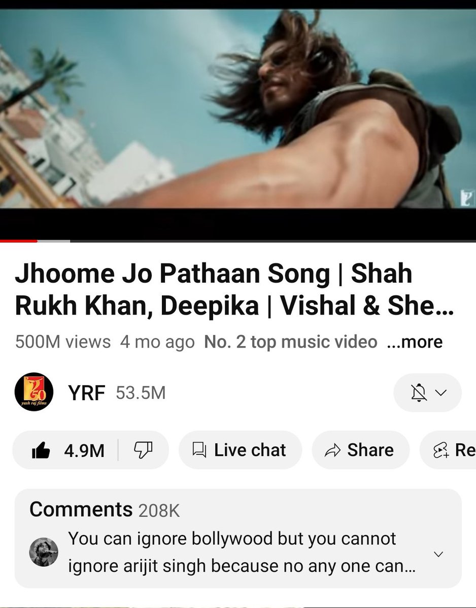 Krishanu_AS's tweet photo. #JhoomeJoPathaan song :----- "500 Million+" views in @YouTube .... 🔥❤️🤞 No.2 top music video....❤️🔥

#ArijitSingh  #SRK @VishalDadlani  @Sukritikakar @ShekharRavjiani @yrf 
#Pathaan https://t.co/i4VCO351Wo