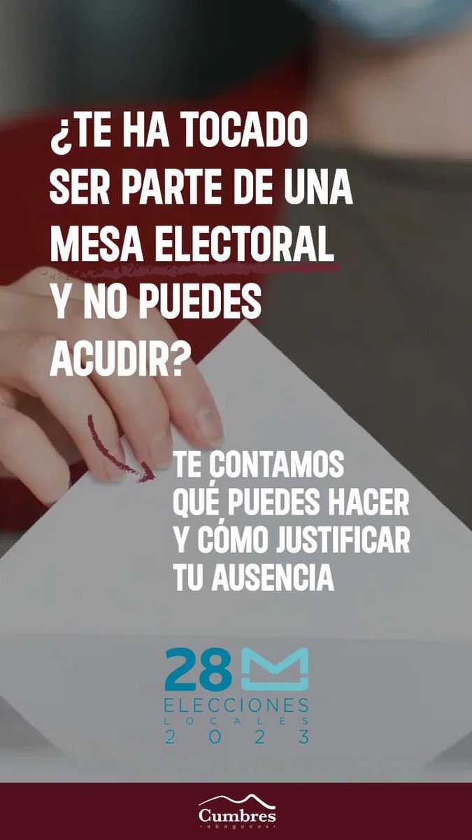 Si te ha tocado formar parte de una mesa electoral y por diferentes motivos no puedes acudir, no te preocupes, nosotros te ayudamos.

#elecciones2023 #elecciones #mesaelectoral #28M #Badajoz #Merida #extremadura