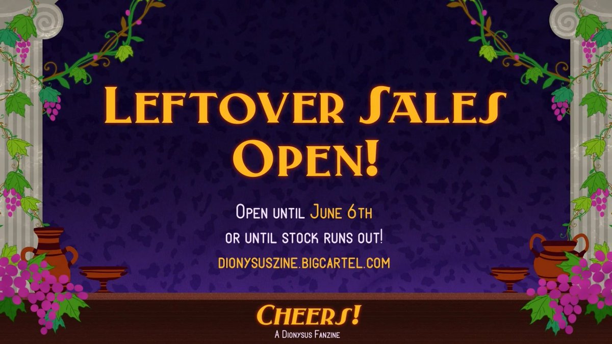 🍇Leftover Sales Open!🍇

The afterparty has begun, and with it our Leftover Sales!🥂
The store is open until June 6th, and our stock is limited - come grab your goodies before they run out!  🏃💨💨

👉 dionysuszine.bigcartel.com 👈