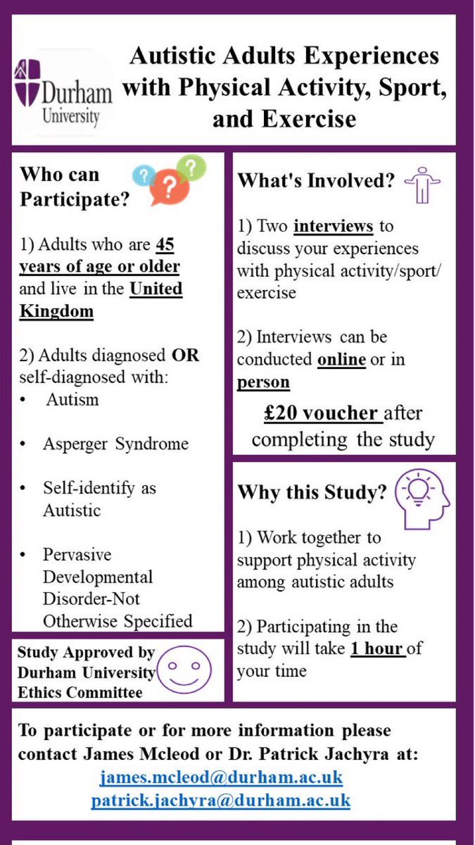 Final recruitment call! We’re looking to speak with autistic adults across the UK about their experiences with physical activity. See flyer included for further details! <a href="/SEDSConnective/">SEDSConnective</a>