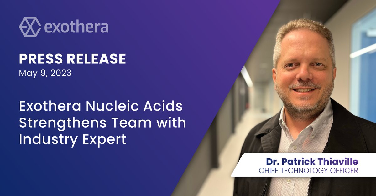 As Chief Technology Officer, Patrick Thiaville will help to accelerate the delivery of high-quality development and manufacturing services for the next generation of RNA therapies! 👏👍 Read the Press Release: exothera.world/exothera-nucle…