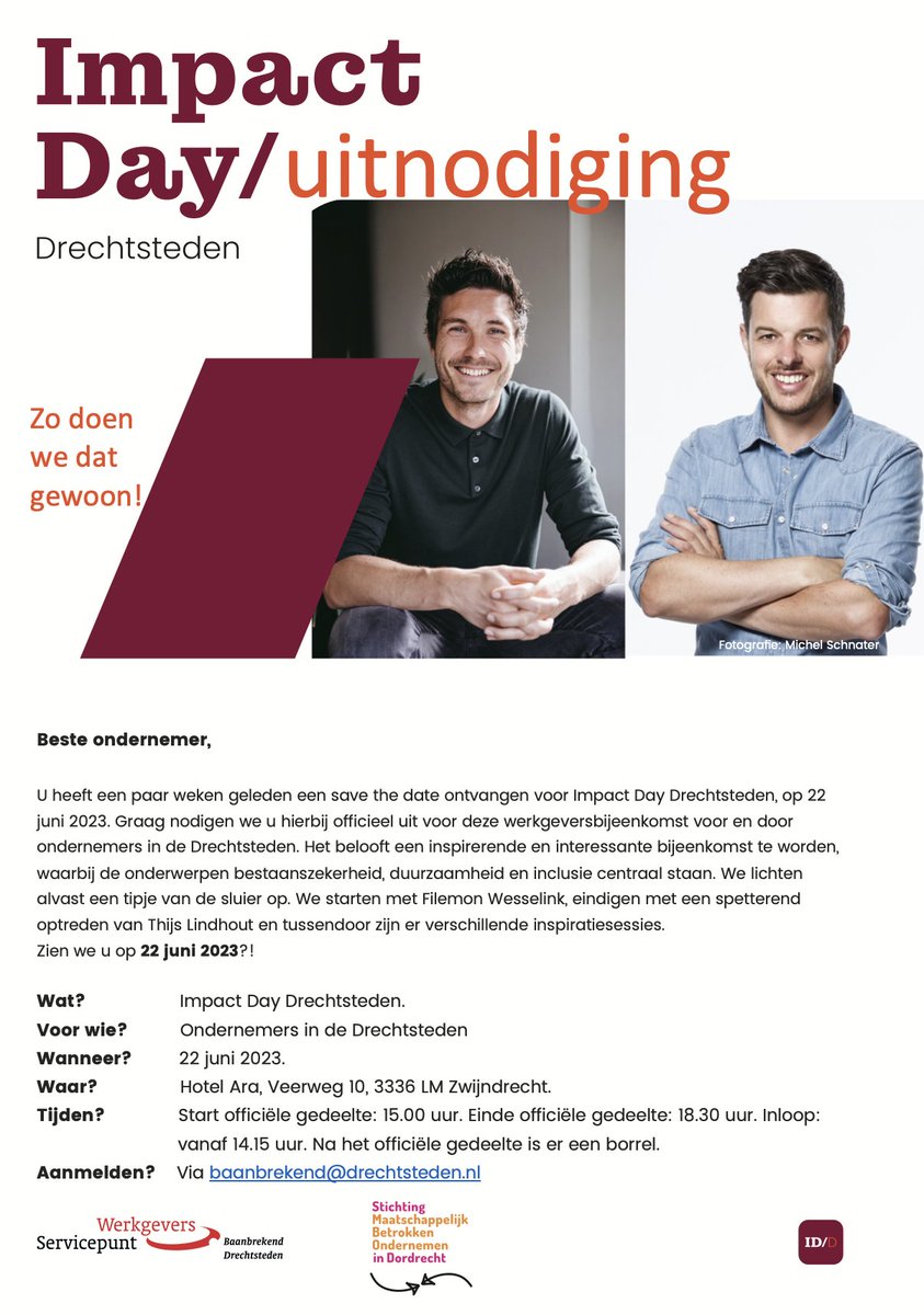 𝗜𝗺𝗽𝗮𝗰𝘁 𝗗𝗮𝘆 𝗗𝗿𝗲𝗰𝗵𝘁𝘀𝘁𝗲𝗱𝗲𝗻 𝟮𝟮 𝗷𝘂𝗻𝗶 𝟮𝟬𝟮𝟯!
🙌 De werkgeversbijeenkomst voor en door ondernemers uit de Drechtsteden. Meld u snel aan via baanbrekend@drechtsteden.nl!