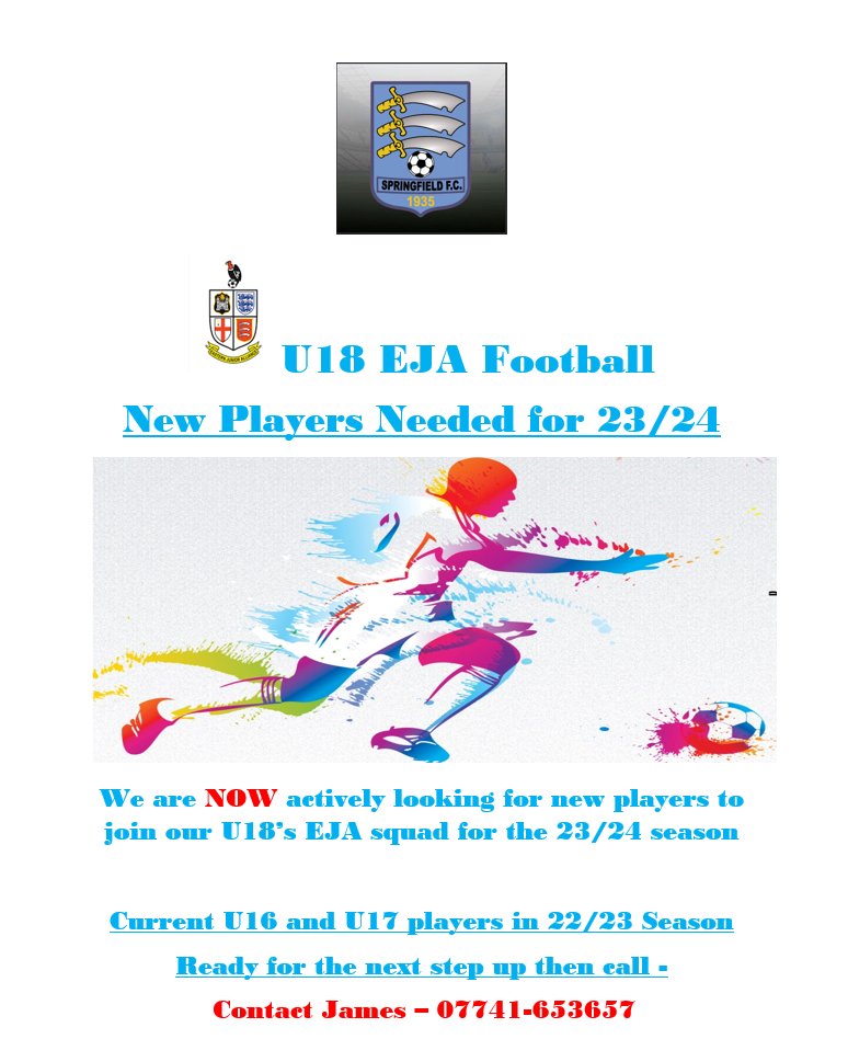 Springfield U18 EJA 23/24 (@sfc18seja) on Twitter photo Springfield FC U18's are now actively looking for new players to play in the EJA next season 23/24. If you feel your ready for a fresh challenge or even a step up, please contact us on the details below.
<a href="/EJALeague/">EasternJnrAlliance</a>
<a href="/SpringfieldDev1/">Springfield Development</a>
<a href="/SpringfieldF/">Springfield FC</a>
<a href="/EssexCountyFA/">Essex County FA</a>
<a href="/SpringfieldFCR/">Springfield FC Reserves</a> Springfield FC U18's are now actively looking for new players to play in the EJA next season 23/24. If you feel your ready for a fresh challenge or even a step up, please contact us on the details below.
<a href="/EJALeague/">EasternJnrAlliance</a>
<a href="/SpringfieldDev1/">Springfield Development</a>
<a href="/SpringfieldF/">Springfield FC</a>
<a href="/EssexCountyFA/">Essex County FA</a>
<a href="/SpringfieldFCR/">Springfield FC Reserves</a>