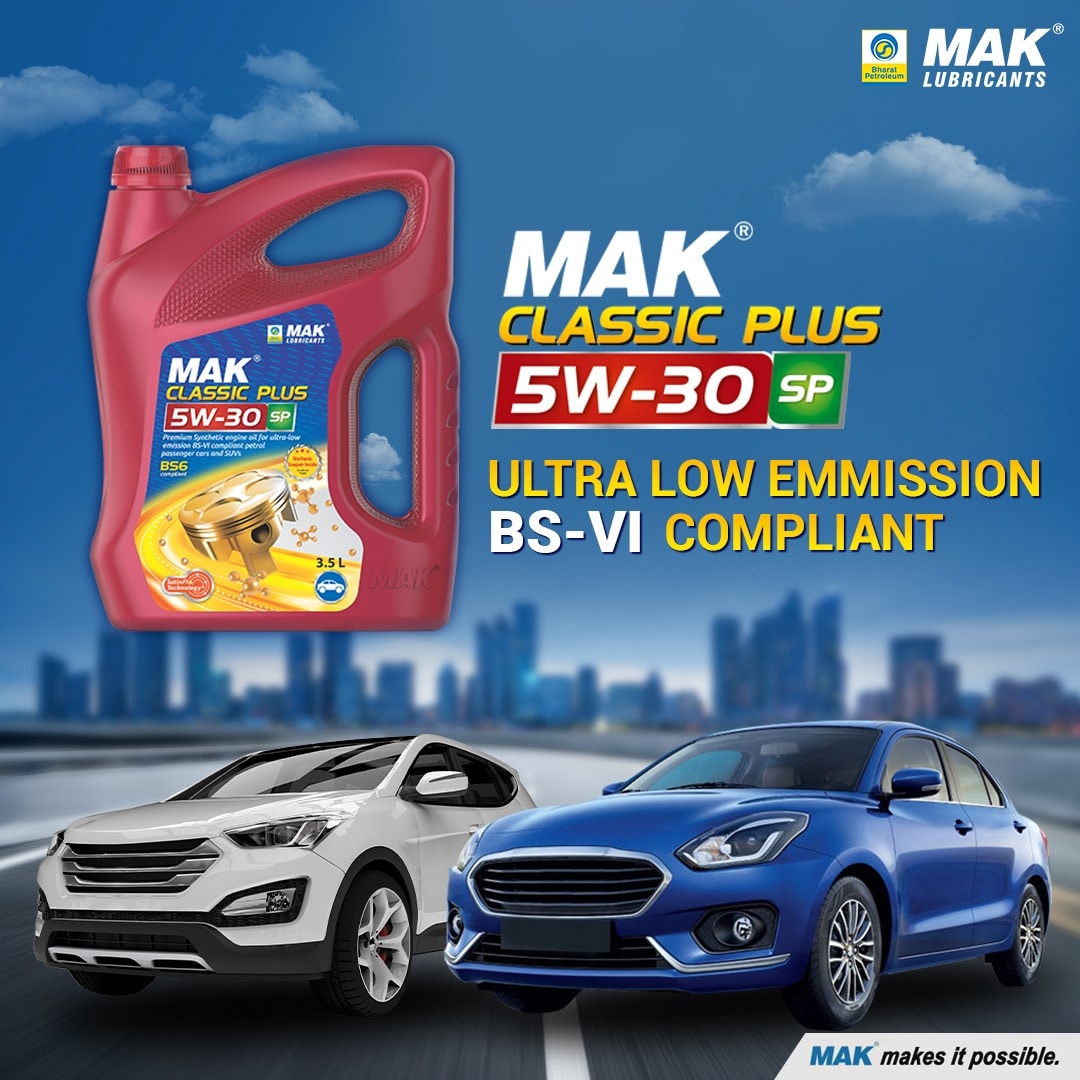 BPCLimited's tweet image. Using MAK Classic Plus 5W-30  Ultra-Low Emission BS-VI Compliant makes you cruise on the road.
Premium synthetic engine oil for ultra-low emission perfect for petrol passenger cars and SUVs
#BS6 #MAKLubricants #MAKmakesitpossible #EngineOil
