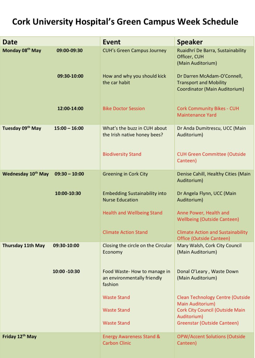 CUH Staff Wellbeing (@cuhstaffwell) on Twitter photo This week is green week <a href="/CUH_Cork/">Cork University Hospitals</a>. It was opened in the auditorium by Ruaidhrí De Barra, Sustainability Officer who spoke about CUH’s green campus journey. Make sure to check out the events, stands and presentations across the week!! This week is green week <a href="/CUH_Cork/">Cork University Hospitals</a>. It was opened in the auditorium by Ruaidhrí De Barra, Sustainability Officer who spoke about CUH’s green campus journey. Make sure to check out the events, stands and presentations across the week!!