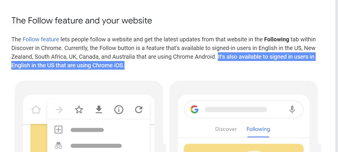 jonoalderson's tweet image. Google&apos;s &quot;Follow&quot; features is now available on Chrome iOS (in the US).

developers.google.com/search/docs/ap…