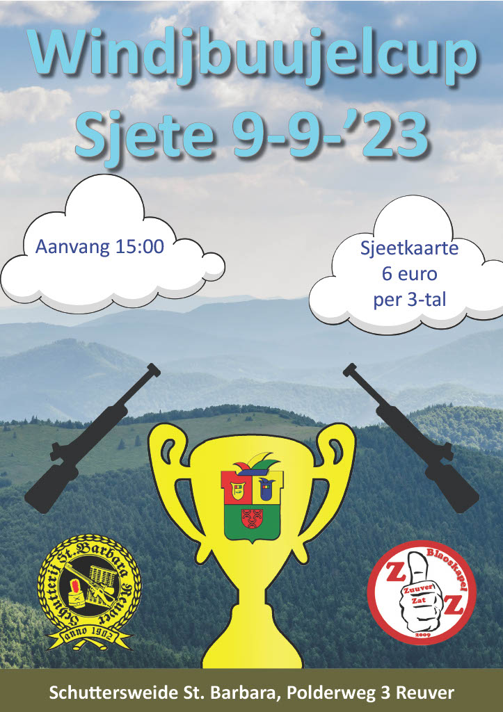 Gaer wille veur ós aankómmende evenement aankondige i.s.m. Blaoskepèl Zuuver Zat Ruiver én Schutterij St. Barbara Reuver .

Op 9 september zal 't Windjbuujelcup sjete plaatsvinje. Aanvang zal zien: 15.00 oer. Sjeetkaarte koste 6 euro per 3-tal.

#vvdewindjbuujels #opperuiver