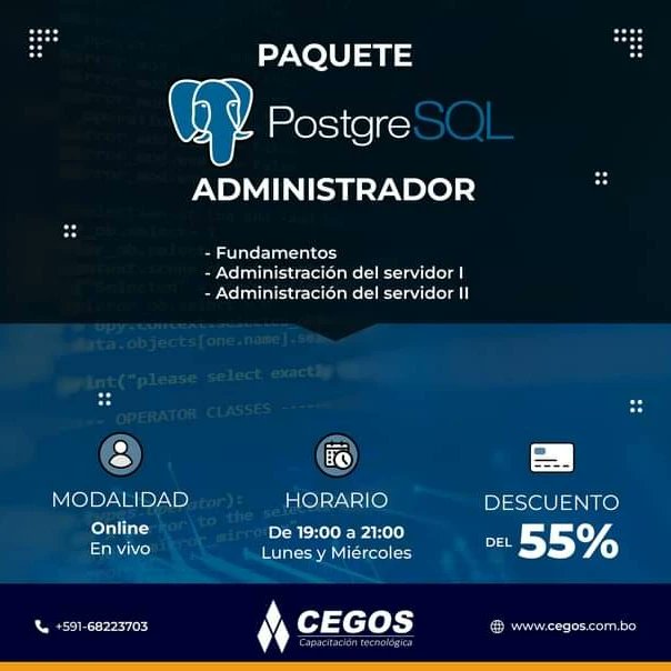 ¡Administrador de BBDD con PostgreSQL!
📅 FECHA DE INICIO: Miércoles, 17 de Mayo
🕛 HORARIO: 19:00 a 21:00 (Lunes y Miércoles)
💻 MODALIDAD: Online - En vivo
⏳ DURACIÓN: 48 horas (24 clases)
💳 INVERSIÓN: 977 Bs. (55% de descuento)
📋 PLAN DE PAGOS: 2 cuotas mensuales de 489 Bs.