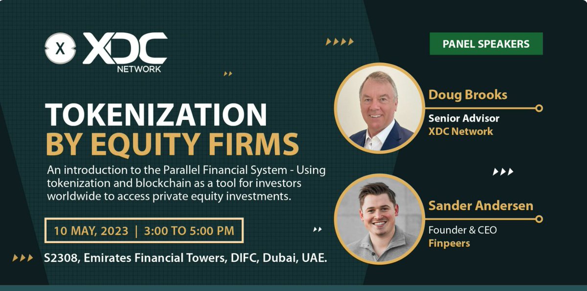 Get ready for a game-changing experience in Dubai's @DIFC ! 🚀 Join #XDCNetwork at S2308, Emirates Financial Towers for some exciting side events. Note down the Date and time of the events. 🗓️ 👉 May 10: Dive into the world of Tokenization by Equity Firms. @SherborneDB -…