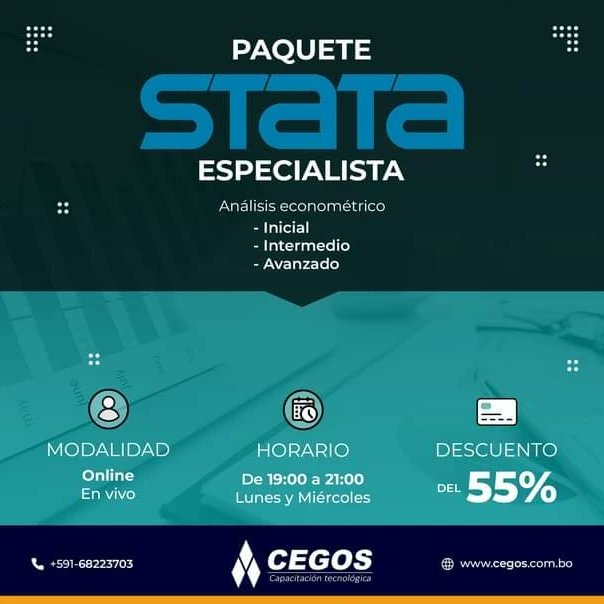 ¡Análisis econométrico con STATA!
📅 FECHA DE INICIO: Miércoles, 17 de Mayo
🕛 HORARIO: 19:00 a 21:00 (Lunes y Miércoles)
💻 MODALIDAD: Online - En vivo
⏳ DURACIÓN: 42 horas (3 meses aprox.)
💳 INVERSIÓN: 810 Bs. (55% de descuento)
📋 PLAN DE PAGOS: 2 cuotas mensuales de 405 Bs.