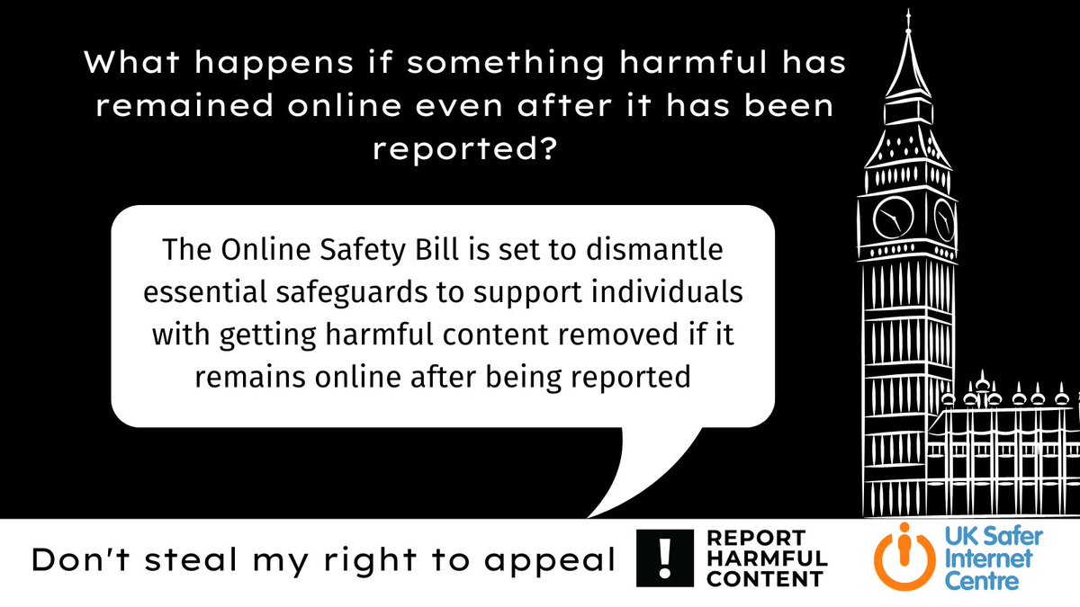 There is currently a right in the UK that supports individuals to appeal decisions about harmful online content. Now, the #OnlineSafetyBill is looking to remove this, impacting the UK’s ambition of being the safest place to be online. #NowhereToAppeal saferinternet.org.uk/blog/dont-stea…