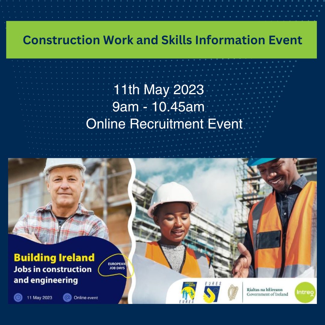 Lots of job opportunities available in the construction sector! Join us for our EURES online recruitment event .
Register on Building Ireland | EURES - European Job Days
#WorkWithIntreo #HousingforAll #FutureBuilding