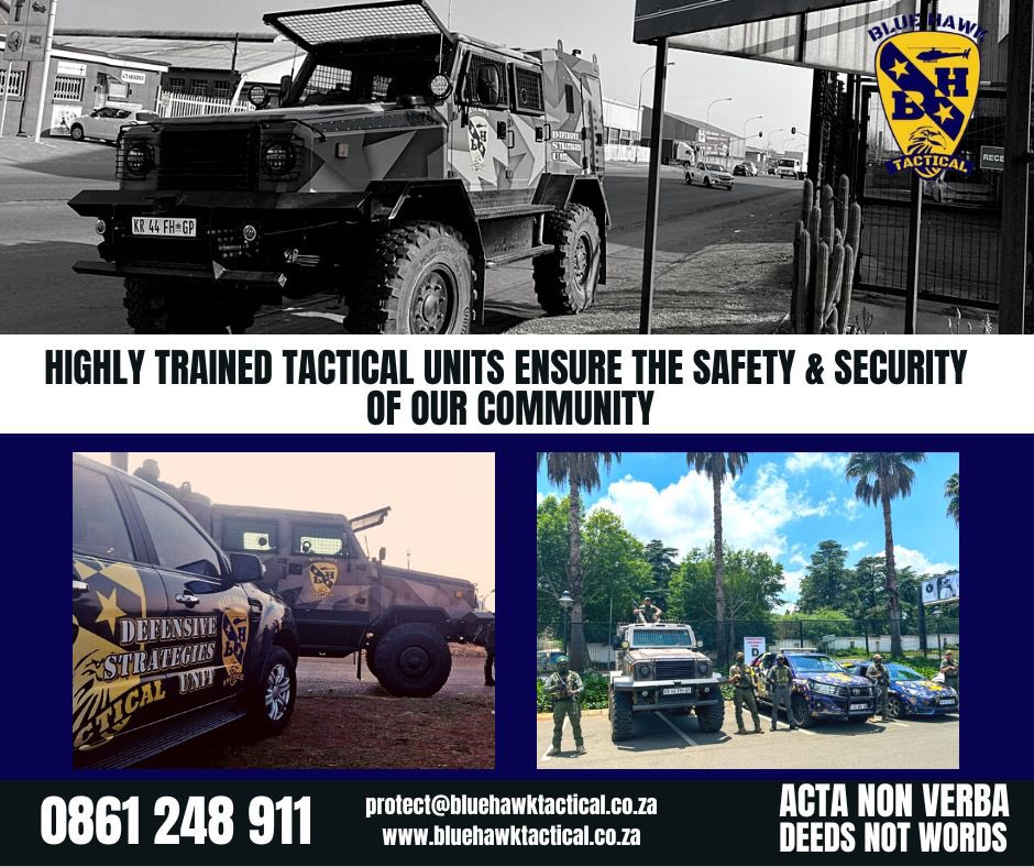 Abramjee's tweet photo. HIGHLY TRAINED TACTICAL UNITS
- Guarding Excellence
- Tactical Response
- Drone Intervention
- LPR and Offsite Monitoring
- 7,000 arrests in 7 years
#safercity #bluehawktactical
Protect@bluehawktactical.co.za
0861248911 •AD @Bluehawktactic1 https://t.co/yQNkHHUtQs