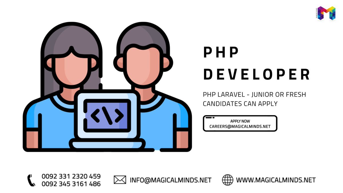 MagicalMindsPk's tweet photo. Magical Minds is urgently hiring for the position of ''Junior PHP - Laravel Developer' (Remote)
Share your resume at careers@magicalminds.net
(Mention job title in the subject line)
#career #softwaredevelopment #joblisting #apply #hiring #careersuccess #jobshiring #phpdeveloper https://t.co/9kAwGRIwbr