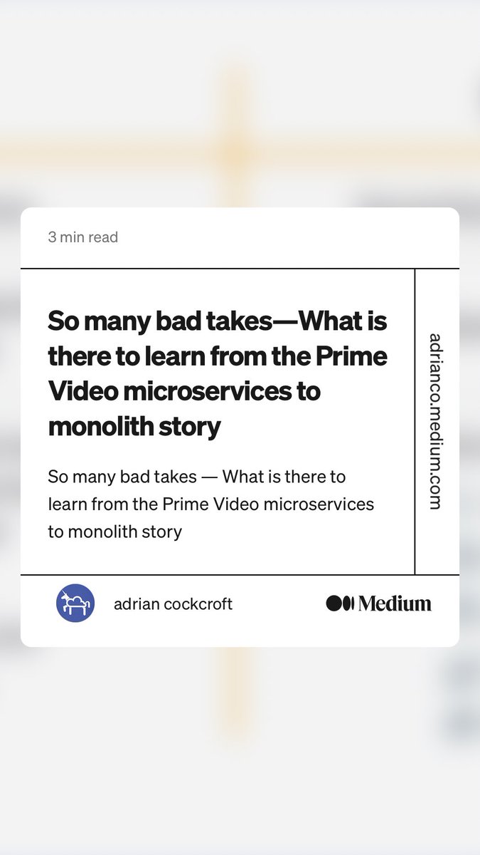 mkheck's tweet image. “So many bad takes — What is there to learn from the Prime Video microservices to monolith story” by @adrianco
The best summary I’ve read so far. 🏆
link.medium.com/ckaqmMBoEzb