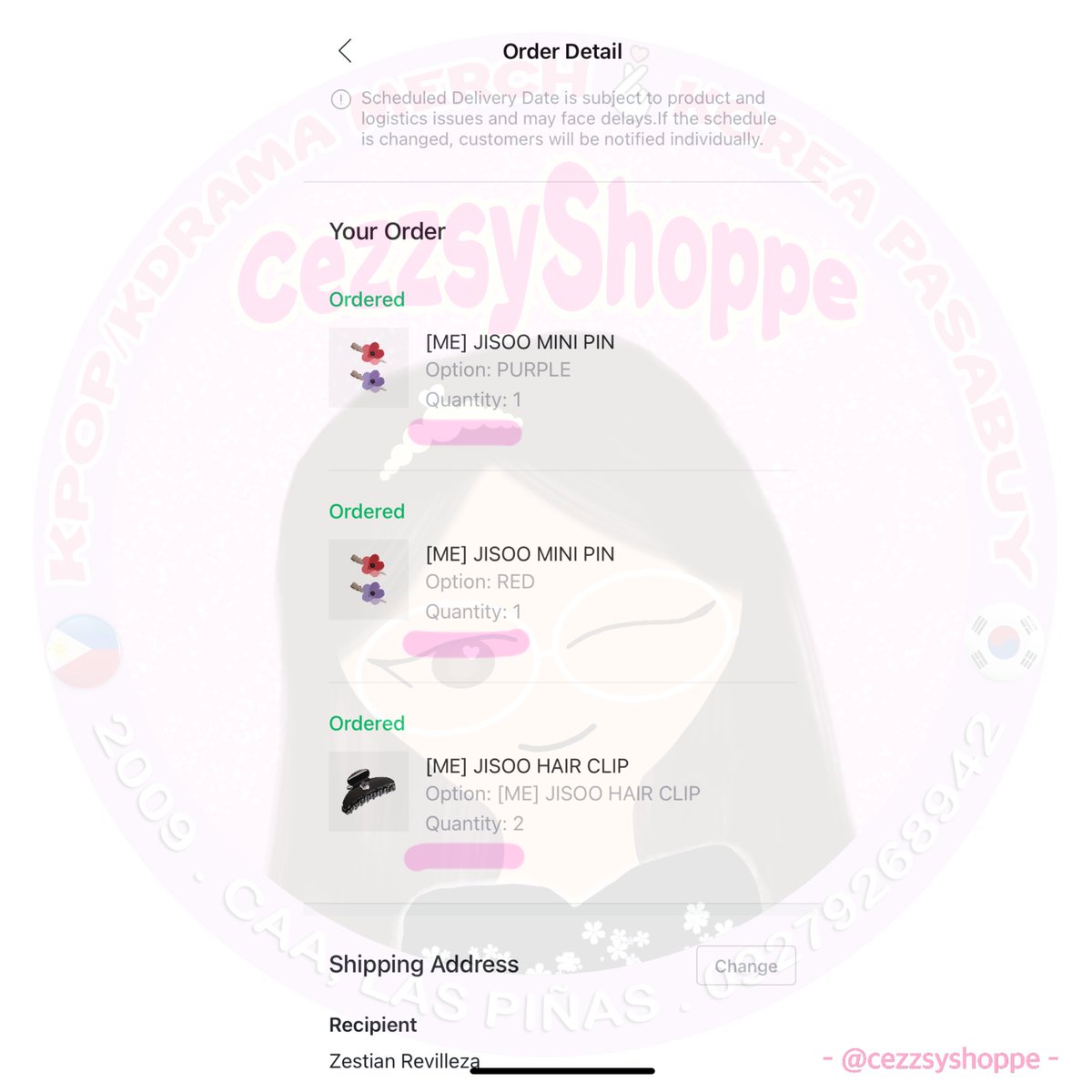 cezzsyshoppe's tweet photo. DONE ORDERING ✅
#JISOO Flower MD
(2) hair clip = ₱2,200
(1) mini pin (purple) = ₱650
(1) mini pin (red) = ₱650
More pasabuy to come! 🫶🏻 #CezzsyShoppe_Proofs https://t.co/LRuWWsWJcO