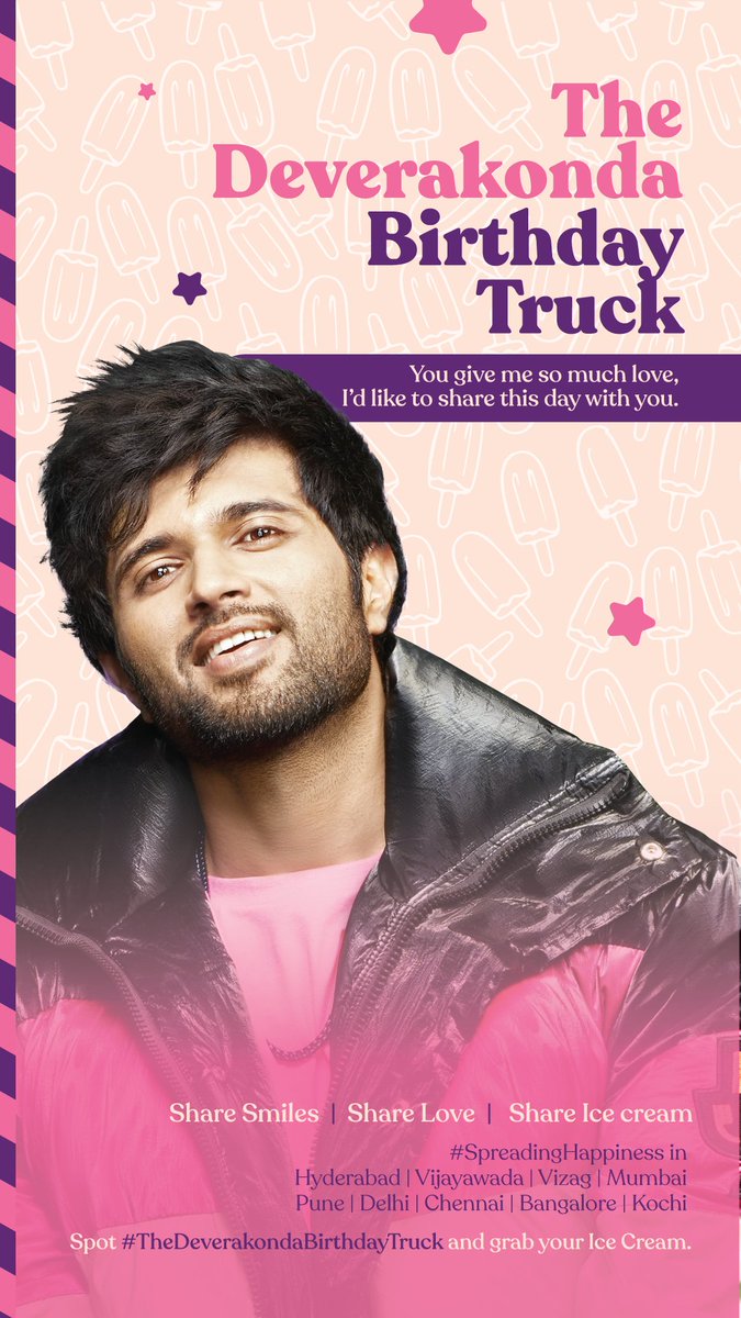TheDeverakonda's tweet photo. Good morning ❤️

I am away at shoot so planned a few things to celebrate with you all. 

1. The Deverakonda Birthday Truck

Hyderabad, Vizag, Chennai, Bangalore, Mumbai, Pune & Delhi.  If you spot these trucks anywhere. Ice cream is free for all ❤️

2. You all give me so much love ❤️ 
So here is something from Me and #Rowdy. 

The Rowdy Birthday Bash Sale! 

For all those who have been wanting to get their hands on a piece of Rowdy. Take it before stock sells out. 

3. A beautiful song from #Kushi ❤️