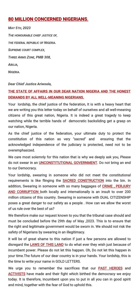 Endbadpolitics's tweet photo. For cameras to be denied from the Presidential Elections Petitions yesterday it’s a clear signal that the judiciary will not allow live broadcast which is essential for transparency if we don’t speak up. Print out the below 👇 letter containing our demands and submit at a court close to you. Let 500-1,000 people storm each court in the 36 states between today and Wednesday morning the judiciary will get a clear message and they will be forced to adopt all our demands. Make videos and take pictures of you in court and share using #concludepepbeforemay29th
#broadcastpeplive