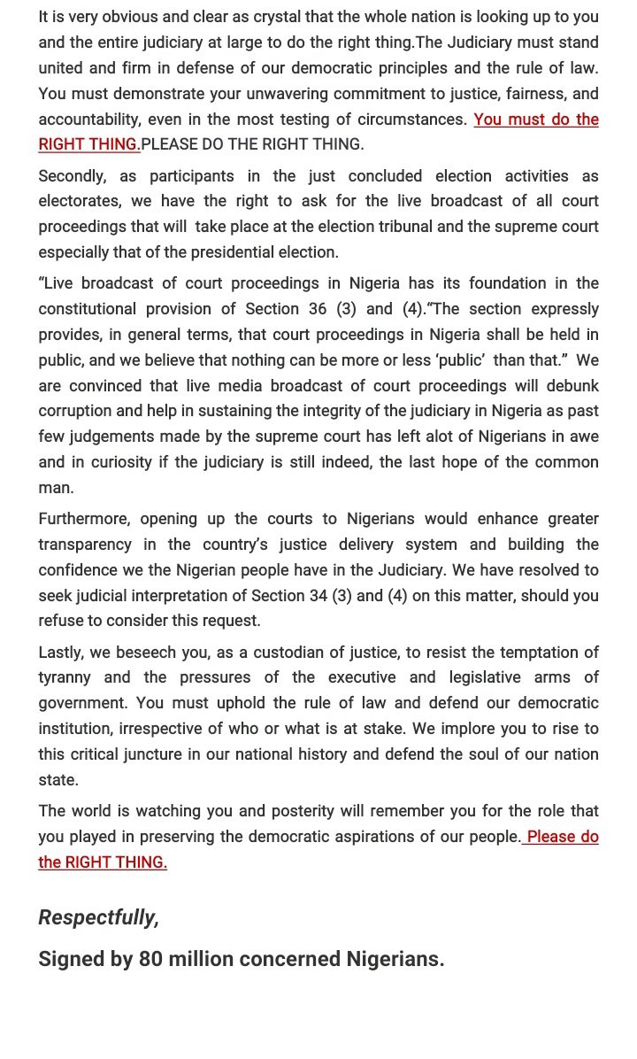 Endbadpolitics's tweet photo. For cameras to be denied from the Presidential Elections Petitions yesterday it’s a clear signal that the judiciary will not allow live broadcast which is essential for transparency if we don’t speak up. Print out the below 👇 letter containing our demands and submit at a court close to you. Let 500-1,000 people storm each court in the 36 states between today and Wednesday morning the judiciary will get a clear message and they will be forced to adopt all our demands. Make videos and take pictures of you in court and share using #concludepepbeforemay29th
#broadcastpeplive