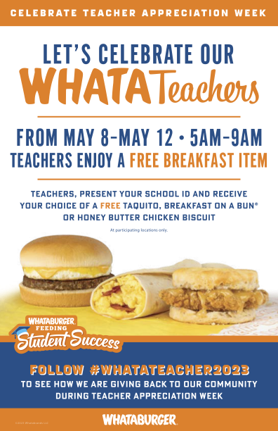 🔊 <a href="/IrvingISD/">Irving ISD</a> teachers/staff! Don't miss out on your FREE breakfast item at <a href="/Whataburger/">Whataburger®</a> during #TeacherAppreciationWeek! 

Thank you, <a href="/Whataburger/">Whataburger®</a>, for showing #myIrvingISD teachers 🧡 for #WHATATeacher2023!