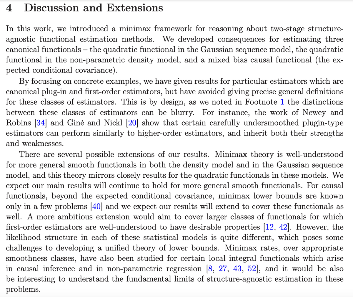 Very excited about this new paper!

We study if one can improve popular semiparametric / doubly robust / DML causal effect estimators -- without adding structural assumptions...

Short answer: nope!

Turns out these methods are minimax optimal here

Lots of Qs left to explore...