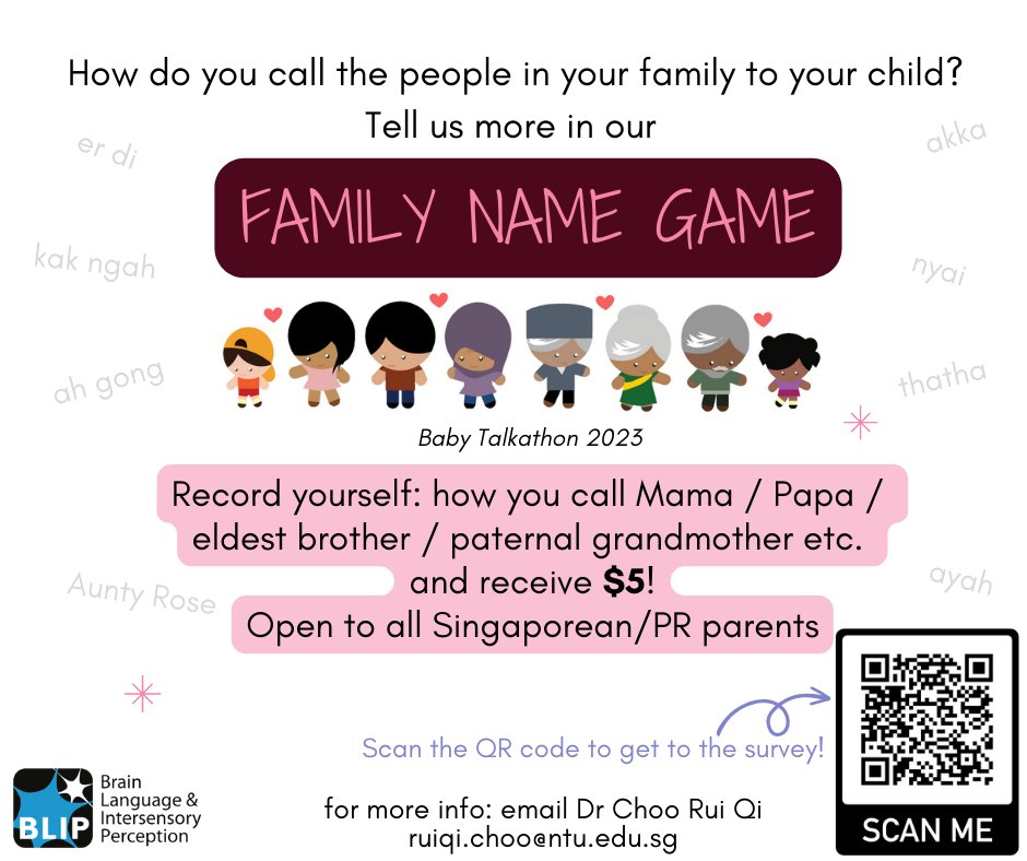 📢Family Name Game, S$5 for participation 📢

Do you call paternal grandpa 'Ye Ye' and maternal grandma 'nenek'? But only younger brother thambi calls Daddy 'Di Di'? 

Help us compile a list of family terms in all our languages in Singapore!

ntusingapore.qualtrics.com/jfe/form/SV_6W…