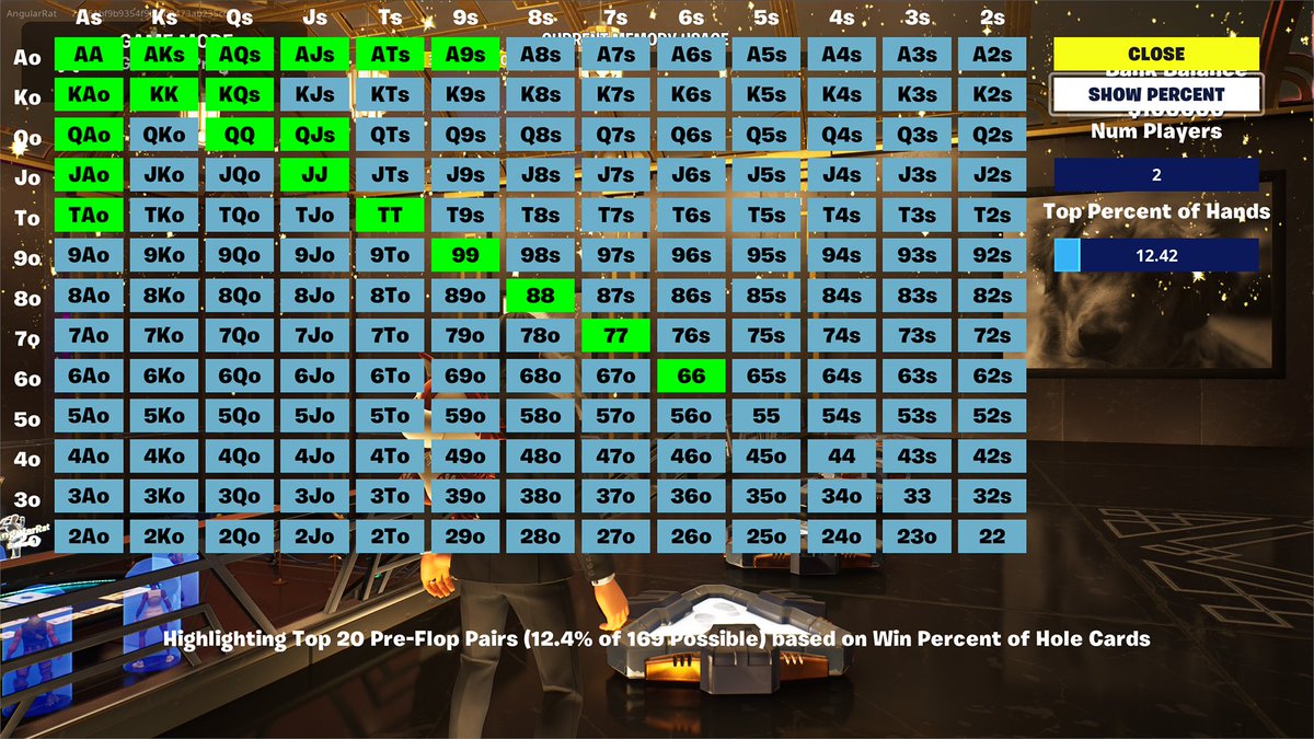 AngularRat's tweet image. Curious what the odds are of winning with AK suited head to head?  PokerNite will soon tell you!  Multiple ways to view Pre-Flop odds in next update!

Island Code: 0004-2034-3582 
#Fortnite #PokerNite #UEFN #Creative2 #Poker