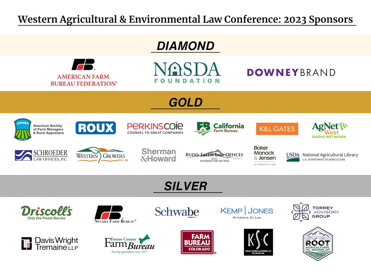 A big THANK YOU to each of our sponsors for last week's Western Agricultural & Environmental Law Conference! This event was made possible by your support. @RouxAssociates @shermanhoward @ColoFarmBureau @NVFarmBureau @CAFarmBureau @DWTLaw @WesternGrowers @ASFMRA @driscollsberry