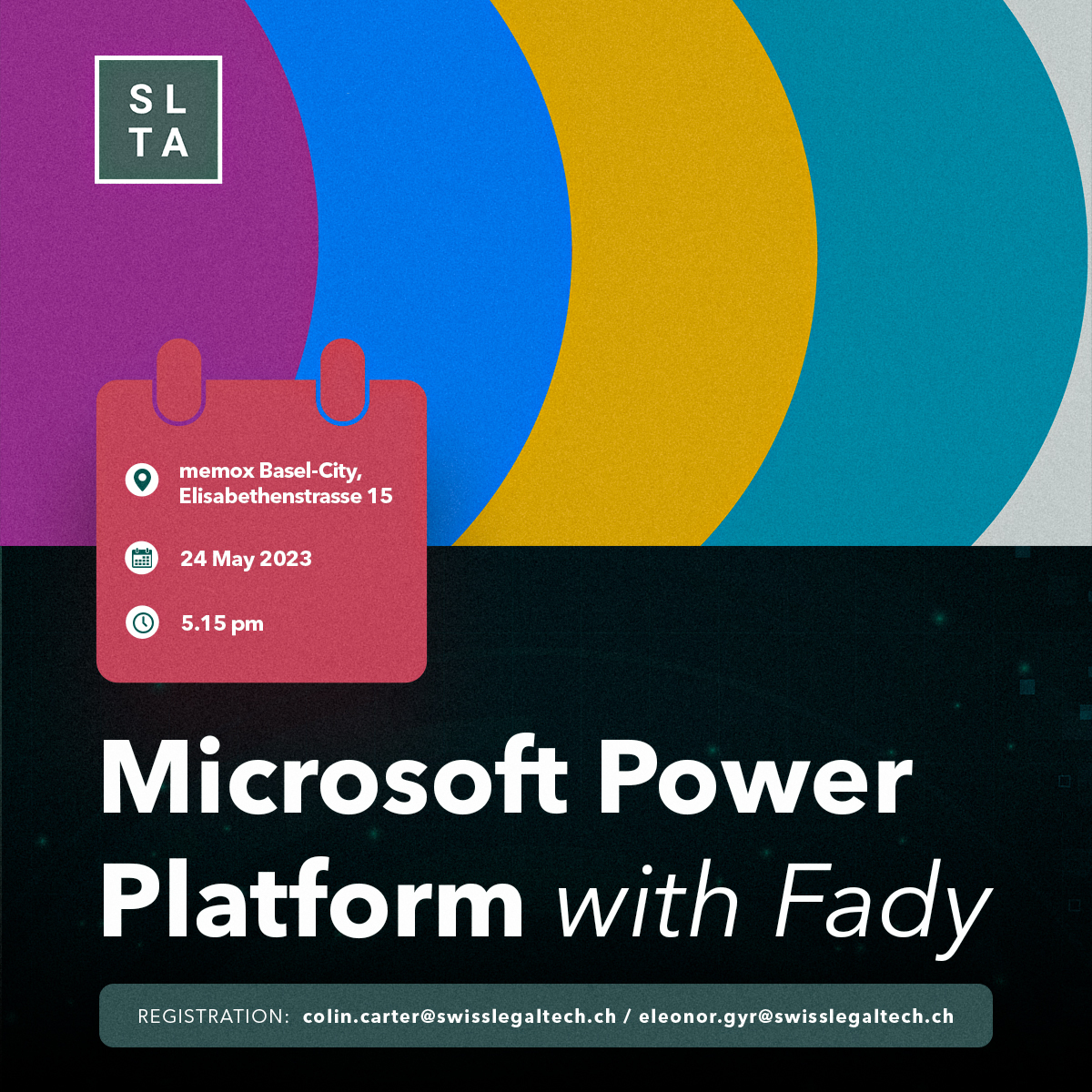 Join us for an exclusive event presented by the SLTA Chapter Basel featuring Fady Khair, a Technology expert in the field of legal operations at Syngenta.

Registrations are free, but seats are limited lnkd.in/geXx5cVi

#Microsoft #legaltech #legalops