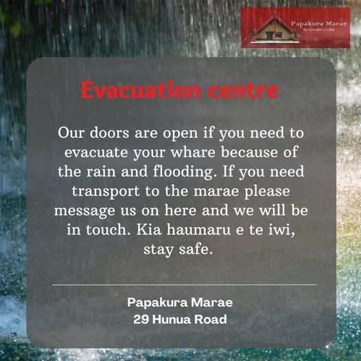 For those in #TāmakiMakaurau, #Papakura Marae has its doors open now as an established evacuation centre. Those needing transport to the Marae can message their FB page: facebook.com/papakuramarae