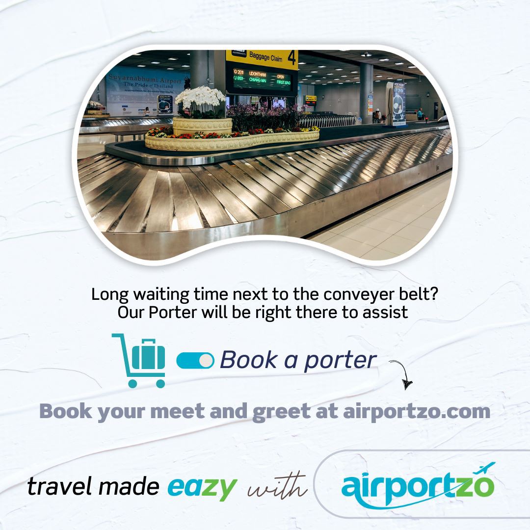AirportZo's tweet photo. 🧳 Waiting for your bags after a long flight is taxing😩
Travel Eazy as our porter executive will get your bags out for you✅
Book a porter at https://t.co/VgW1apfFXW or Call 086107 25198
#Airportzo #AirportAssistance #meetandgreet #porterassistance #porterservice https://t.co/OjOCHTIlp2