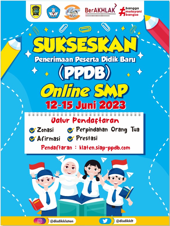 Halo #SahabatDisdik ini dia info yang ditunggu-tunggu.. Berikut adalah jadwal dan jalur pendaftaran untuk Penerimaan Peserta Didik Baru (PPDB) online SMP Tahun 2023.

yuk beritahu teman juga kerabat kamu..

Catat tanggalnya dan jangan sampai terlewat ya..!

#PPDBKabKlaten2023