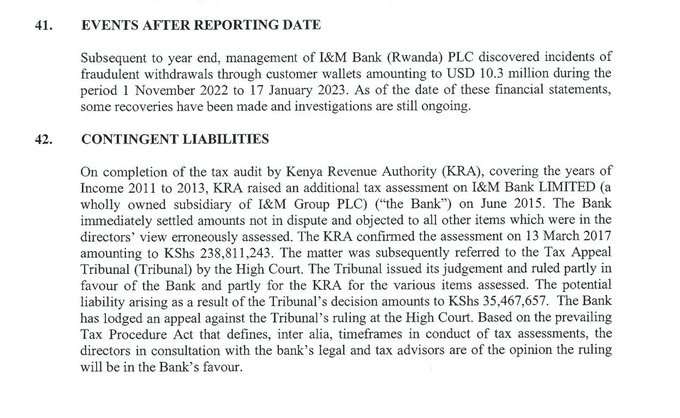 MwangoCapital's tweet photo. 5.  From the I&amp;M Bank 2022 Annual Report

—I&amp;M Bank Rwanda lost $10.3M [KES 1.4B] to fraudulent customer withdrawals from Nov 2022 to Jan 2023
—A case of I&amp;M and KRA with KES 35.5M in potential liabilities should I&amp;M lose the appeal they have lodged at the high court. https://t.co/m8vKlC3la3