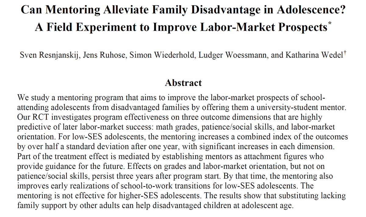 Woessmann's tweet photo. 📢Beyond grateful that our “Can Mentoring Alleviate Family Disadvantage in Adolescence?” found a home at the @JPolEcon

👉Mentoring improves labor-market prospects of low-SES adolescents

w/ @SvenRes @JRuhose @SimonWiederhold @katharina_wedel

Details later – I’m off enjoying…🥳 https://t.co/68ocD3bD7O
