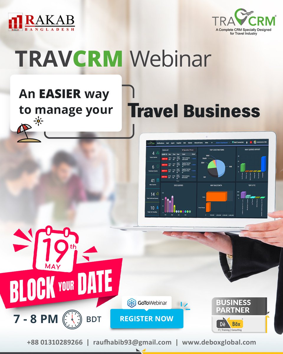 TRAVCRM an easier way to manage your Travel Business.

Attend webinar on 19 May.
Time : Friday 7.00 - 8.00 PM (BDT)
Register Now : rb.gy/998ye

Visit us now : deboxglobal.com

#CRM #TravelCRM #crmsoftware #travelagent #travelcompany #inboundtravel